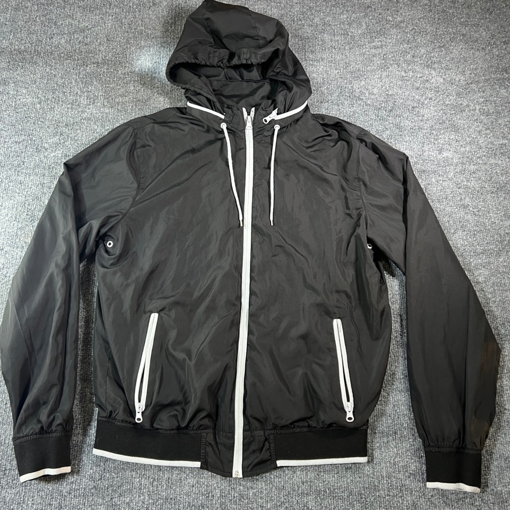 21Men Mens Black Hooded Windbreaker Jacket Full Zip White Trim Size Medium B54